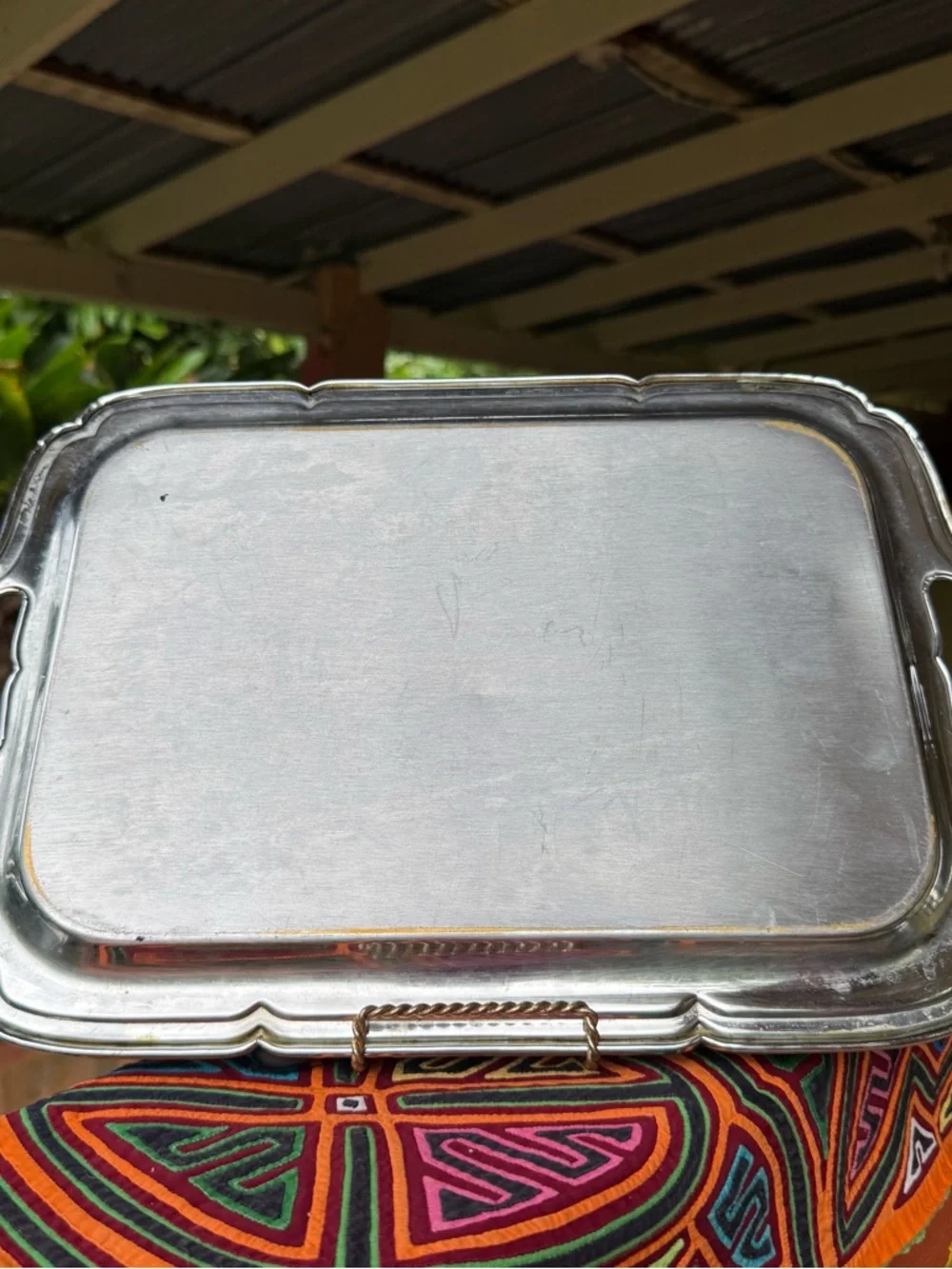 Vintage Silver Tone‎ Metal Serving Tray Ornate Handles Rectangle Vanity Tray